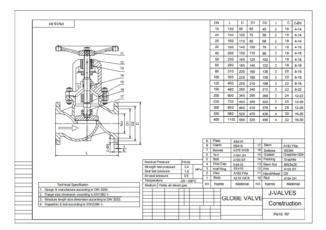 DN25 Pn16 Carbon Steel CS A216 Wcb Flanged Bellows Seal Globe Valve